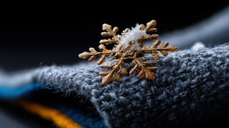 A snowflake is sitting on a gray blanket. The snowflake is made of gold and is surrounded by snow. The blanket is made of a fuzzy material and has a blue and yellow stripeの素材