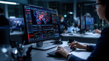 A woman is typing on a computer keyboard in front of a monitor displaying a map of the worldの素材