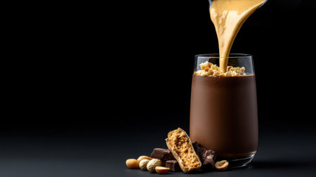 A glass of chocolate milk with a spoonful of peanut butter in it. The glass is almost full and the peanut butter is floating on top of the milkの素材