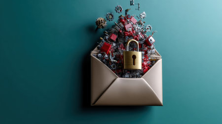 A lock is on top of an envelope. The envelope is full of gears and other small objectsの素材