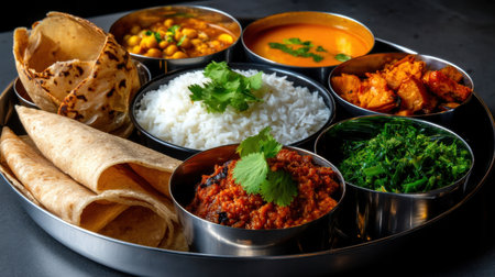 A large plate of food with a variety of dishes including rice, beans, and vegetables. The plate is set on a table and he is ready to be servedの素材