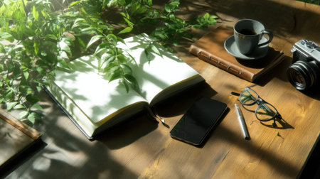 A book is open on a table with a cup of coffee and a cell phone. The book is titled "The Art of Photography"の素材