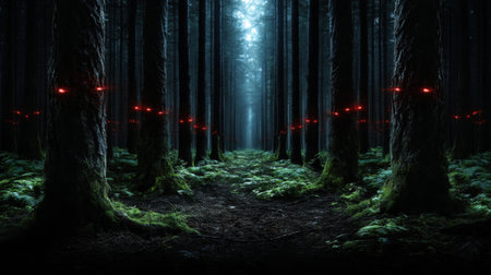 A forest with trees with red eyes. The trees are in the foreground and background. The trees are dark and the background is darkの素材