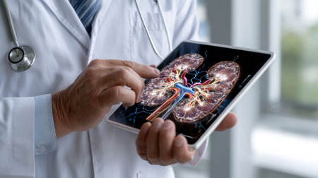 A doctor is holding a tablet with a picture of a kidney on it. The image is of a man in a white lab coat holding a tabletの素材