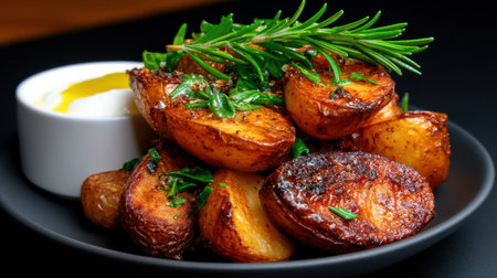 A plate of potatoes with herbs on top. The plate is black and white. The potatoes are cooked and seasonedの素材