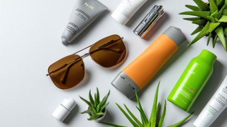 A collection of beauty products including a bottle of Aloe Vera. The products are arranged on a table with a green plant in the backgroundの素材