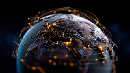 A globe with a network of lines surrounding it. The globe is lit up with a warm glow, giving the impression of a network of connectionsの素材