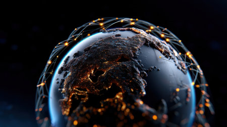 A glowing globe with a network of lines surrounding it. The globe is black and the lines are orangeの素材