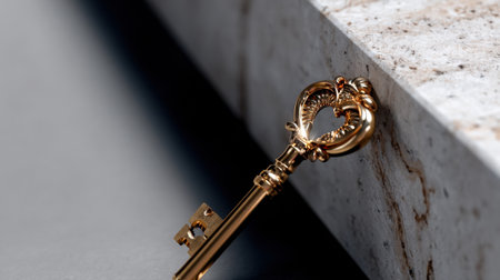 A gold key is on a stone surface. The key is ornate and has a large, round knob. The stone surface is grey and has a smooth textureの素材
