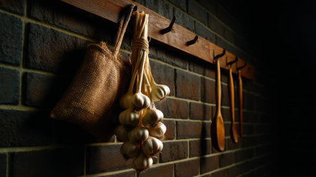 A rack with a bag of garlic and a wooden spoon hanging from it. The rack is made of wood and is mounted on a brick wallの素材