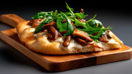 A slice of pizza with mushrooms and spinach on a wooden cutting board. The pizza is topped with cheese and has a crispy crustの素材