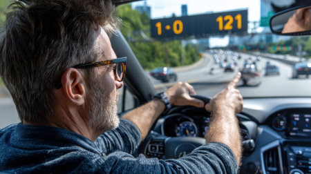 A man in a car is pointing at a sign that says 1-0. The man is wearing glasses and he is focused on the road aheadの素材