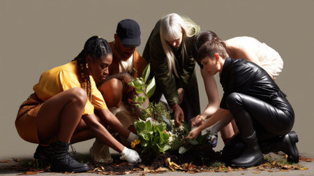 A group of people are planting a tree together. Scene is one of cooperation and teamworkの素材