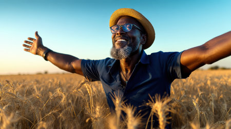 A man in a straw hat is smiling and holding his arms out in the air. He is standing in a field of tall grassの素材