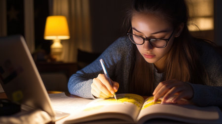 A student highlighting key points in a textbook while studying for an examの素材