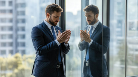 A businessperson practicing their pitch in front of a mirror, preparing for a meetingの素材