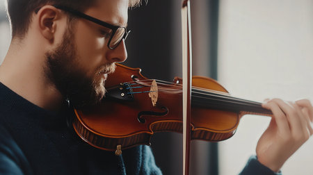 A close-up of a violinist practicing scales, focusing on finger positioningの素材
