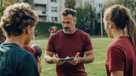 A coach explaining plays to a team during practice, preparing for an important gameの素材