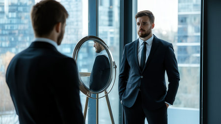 A businessperson practicing their pitch in front of a mirror, preparing for a meetingの素材