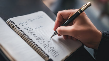 "A close-up of a hand writing in a journal while preparing a daily plan --ar 16:9 --personalize jaydbm9 --v 6.1 Job ID: 3c817736-db8c-47d0-badb-399aba71880cの素材