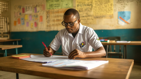 A teacher preparing lesson materials at a desk before class startsの素材