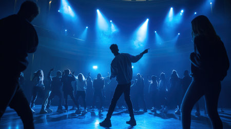 A team practicing their choreography on stage, preparing for an upcoming performanceの素材