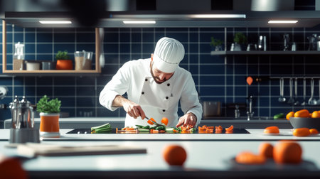 A chef slicing vegetables in a kitchen, preparing for a cooking contestの素材