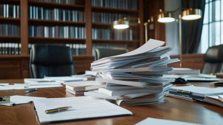 A legal assistant organizing case files on a large wooden table in a law office.の素材