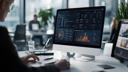 A digital dashboard displaying progress metrics for a team project in a minimalist office.の素材