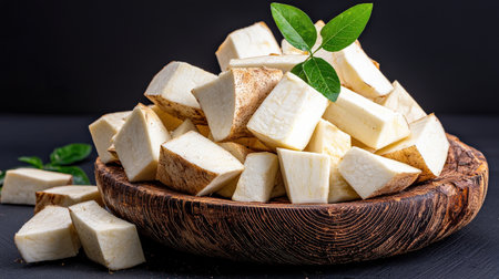 Cassava pieces freshly cut, arranged on a dark background to emphasize natural textures.の素材