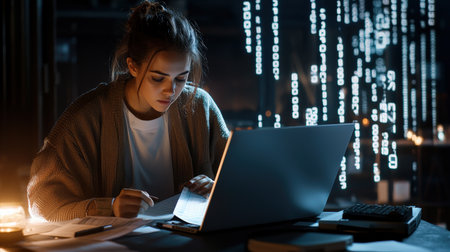 Businesswoman managing financial records, her focused expression illuminated by a glowing laptop screen. Digital numbers in the background enhance the theme of data analysis.の素材