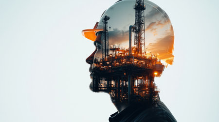 Creative double exposure featuring the silhouette of an oil worker infused with the towering structure of an offshore oil rigの素材
