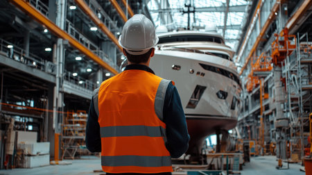 Construction worker wearing a hard hat and safety vest, standing with his back to the camera, inspecting a luxury yacht being built in a modern shipyardの素材