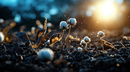 Cotton fields with close-up details of bolls under the morning sun, emphasizing natural textures.の素材