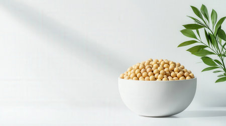 Soybeans in a ceramic bowl on a clean white surface, with subtle shadows enhancing their round shapes.の素材