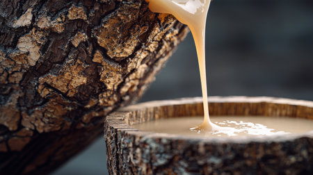 Macro shot of rubber tree bark with latex dripping into a wooden cup, textured details in sharp focus.の素材
