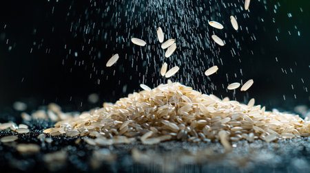 Rice grains in close-up, spread in a wave pattern over a dark surface, sharp textures in focus.の素材