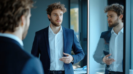 A young entrepreneur practicing a pitch presentation in front of a mirror in their home office.の素材