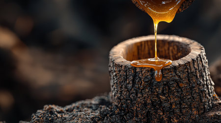 Macro shot of rubber tree bark with latex dripping into a wooden cup, textured details in sharp focus.の素材