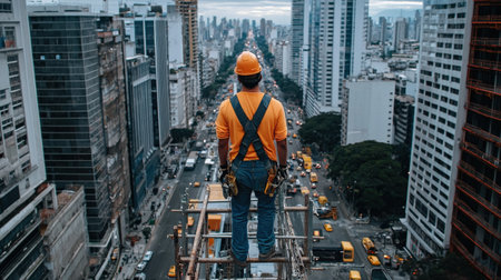 A construction worker walking across scaffolding high above a bustling city streetの素材