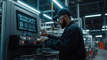 A factory worker adjusting controls on advanced manufacturing equipment with glowing panelsの素材