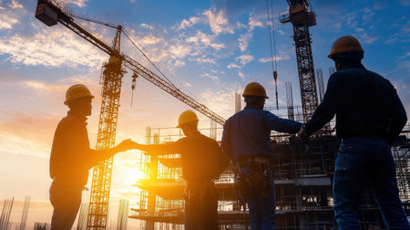 A dynamic view of cranes and construction workers building a modern skyscraper at sunriseの素材