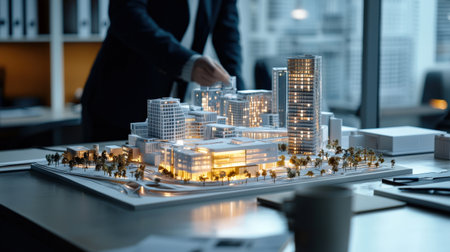 A large-scale model of a new urban district displayed on a glowing table in an architect's officeの素材