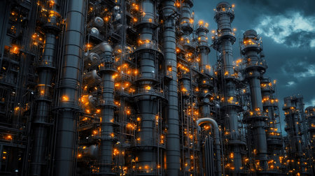 An evening shot of an oil refinery with lights illuminating the massive industrial infrastructureの素材