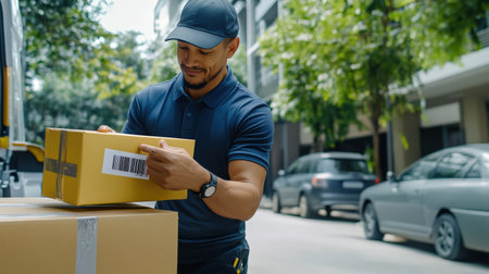 A delivery person scanning a barcode on a package, ensuring the right item is delivered to the right locationの素材