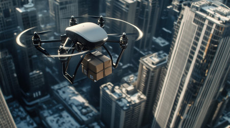 A drone flying over a city, delivering a small package with precision in a futuristic delivery systemの素材