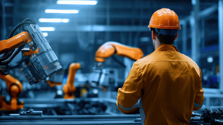 A factory worker overseeing the production of automotive components on a high-speed assembly lineの素材