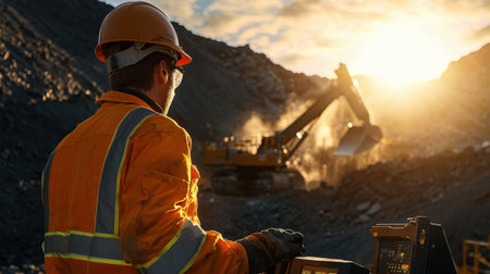 A worker operating a robotic drilling machine at a mining site under harsh sunlightの素材