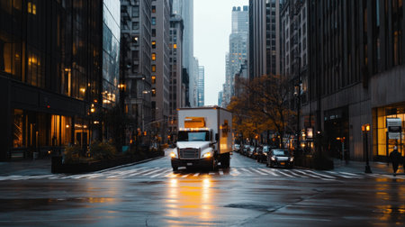 A delivery truck maneuvering through city streets, making its way to the next customerの素材