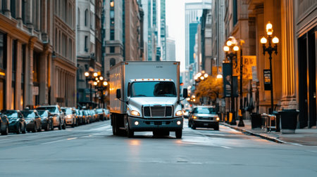 A delivery truck maneuvering through city streets, making its way to the next customerの素材
